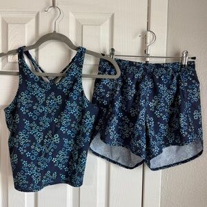 ALL IN MOTION Matching Set Shorts and Tank Top Athletic 2PC Set Blue Floral XL